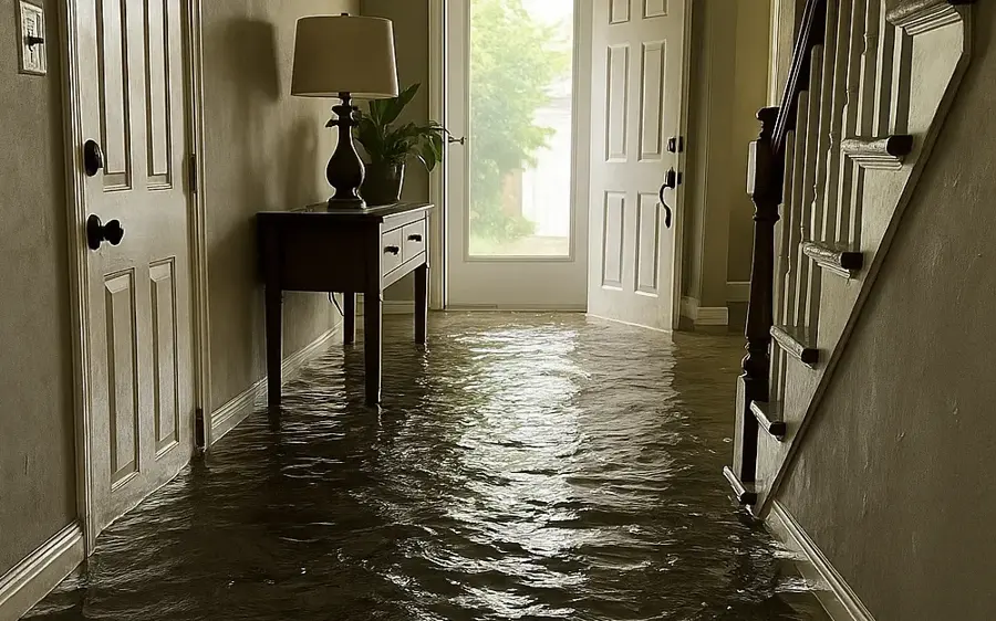 Water pooled across a hallway floor after a water loss in Kannapolis, NC