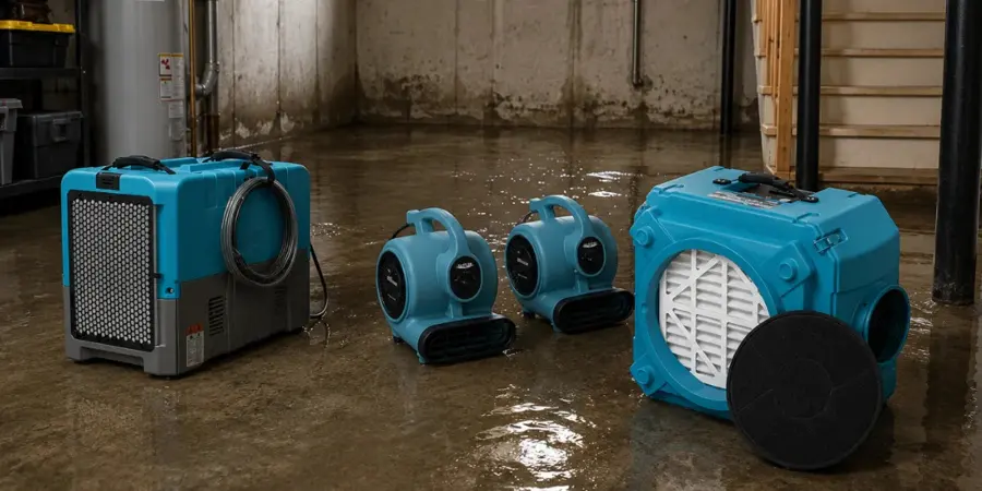 Air movers and a dehumidifier drying a wet floor in Kannapolis, NC