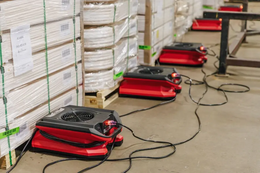 A row of air movers drying a commercial water loss in Kannapolis, NC